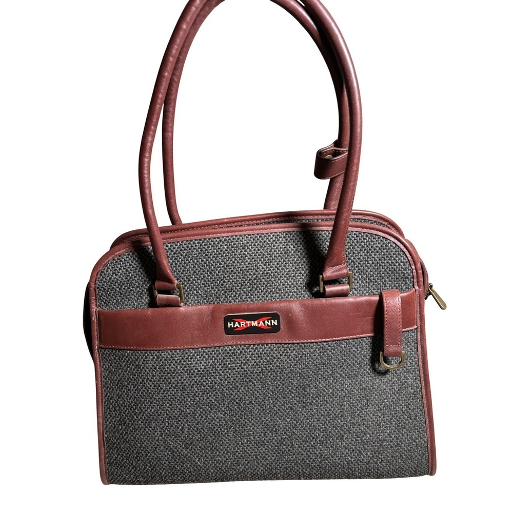 Hartmann Tweed Leather Satchel Handbag Burgundy Charcoal Gray Vintage Travel Bag